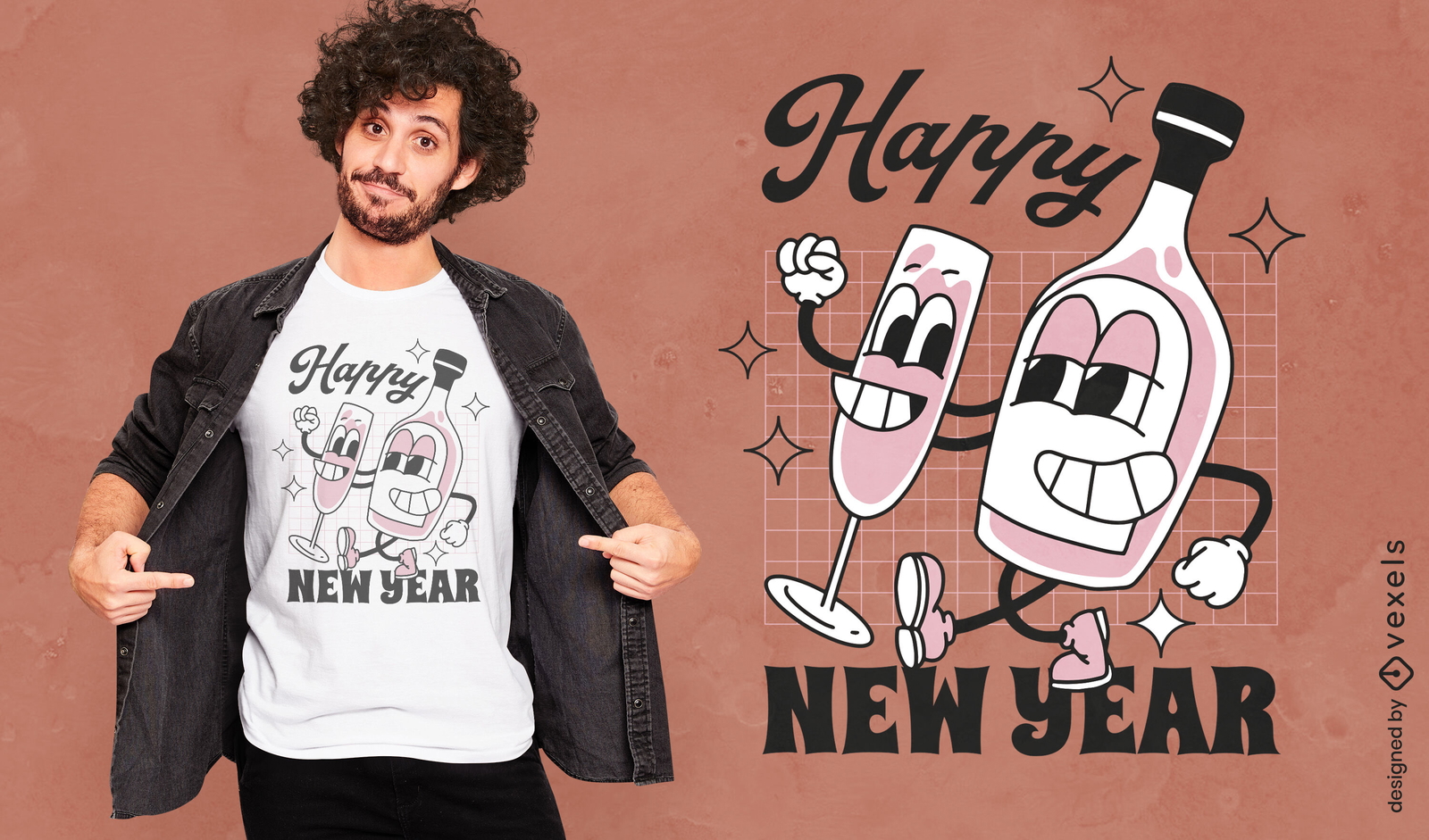 Design de camiseta com bebida feliz ano novo