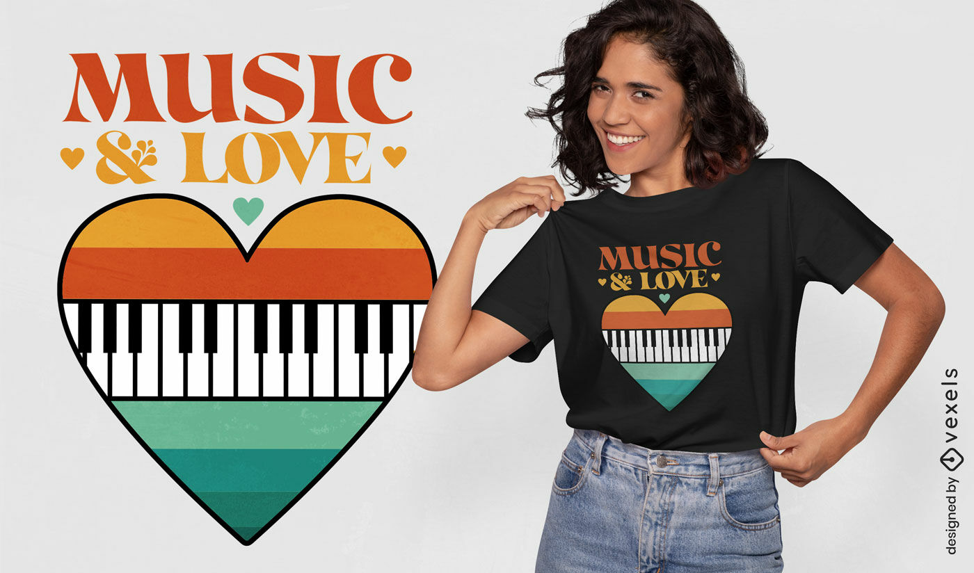 Design de camiseta com música de piano e coração