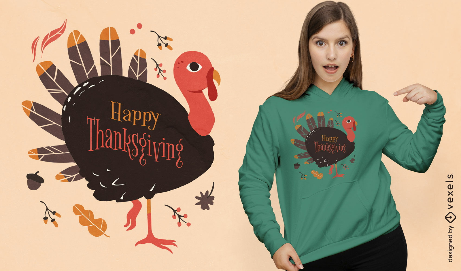 Diseño de camiseta plana con pavo de Acción de Gracias