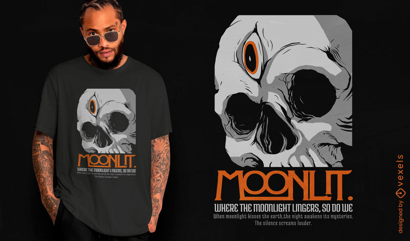 Diseño de camiseta de Halloween con calavera iluminada por la luna