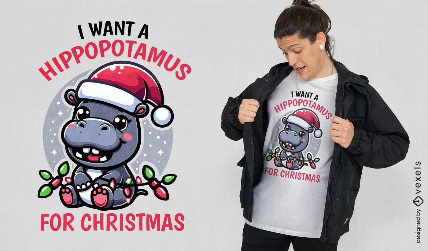 Diseño de camiseta de hipopótamo navideño