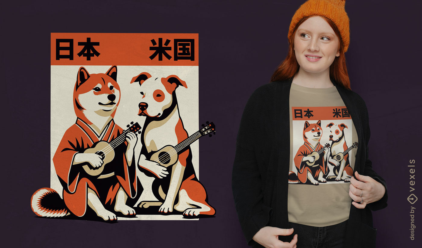 Diseño de camiseta con perros musicales japoneses y americanos.