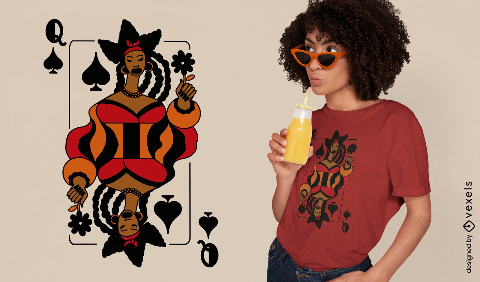 Diseño de camiseta afro con reina de espadas