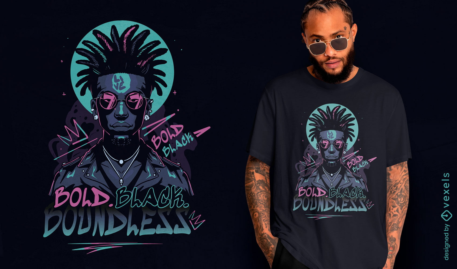 Diseño de camiseta con cabeza de sonido afro neón