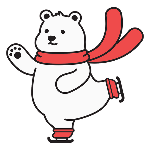 Lindo oso de peluche blanco con bufanda roja y patines. Diseño PNG