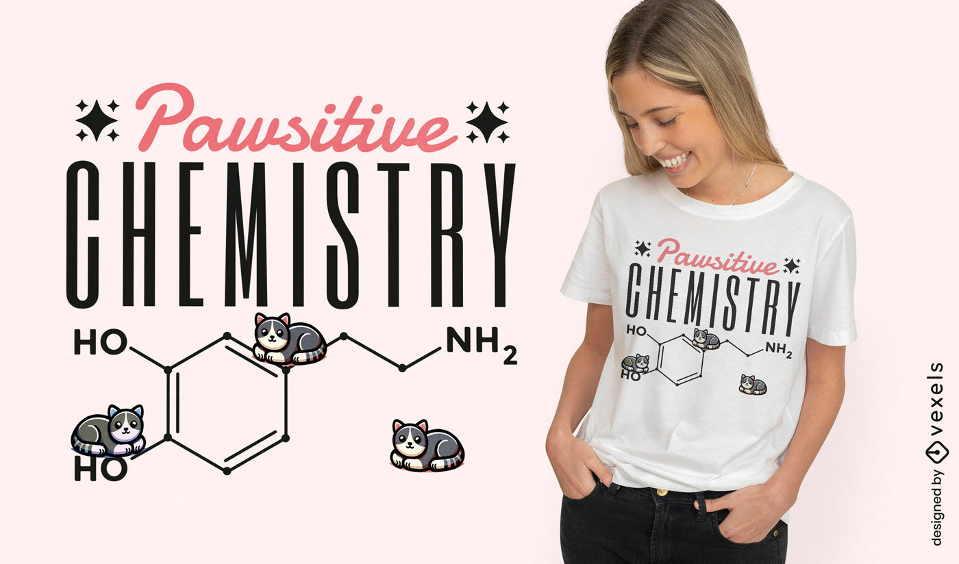 Diseño de camiseta con juego de palabras sobre química y gatos