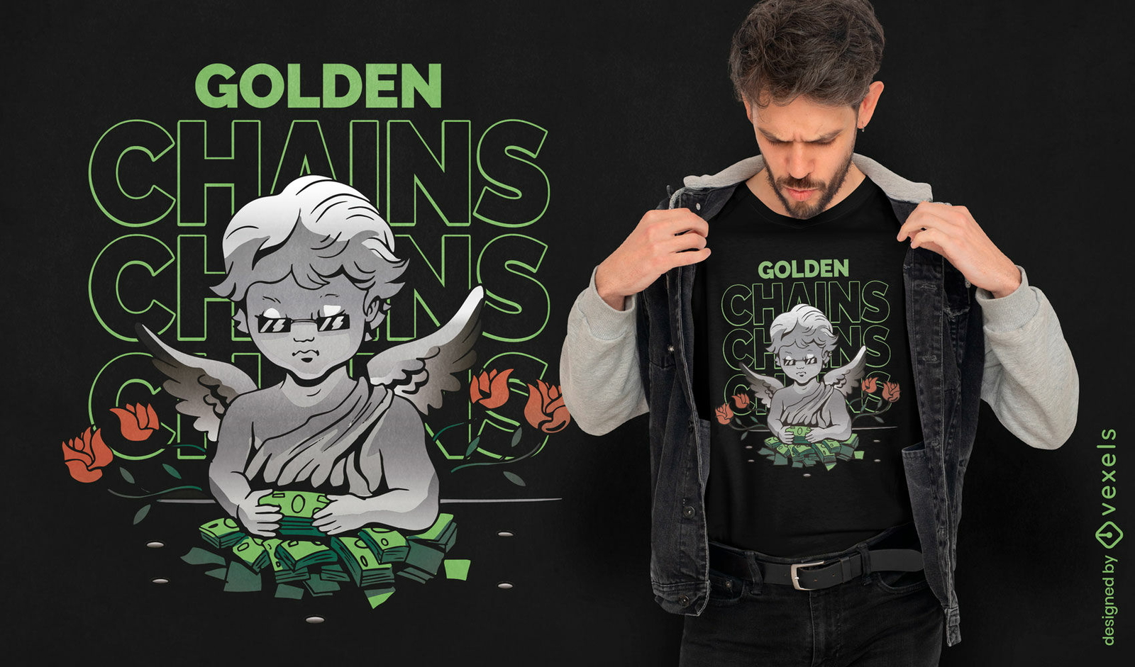 Diseño de camiseta con cadenas de dinero doradas