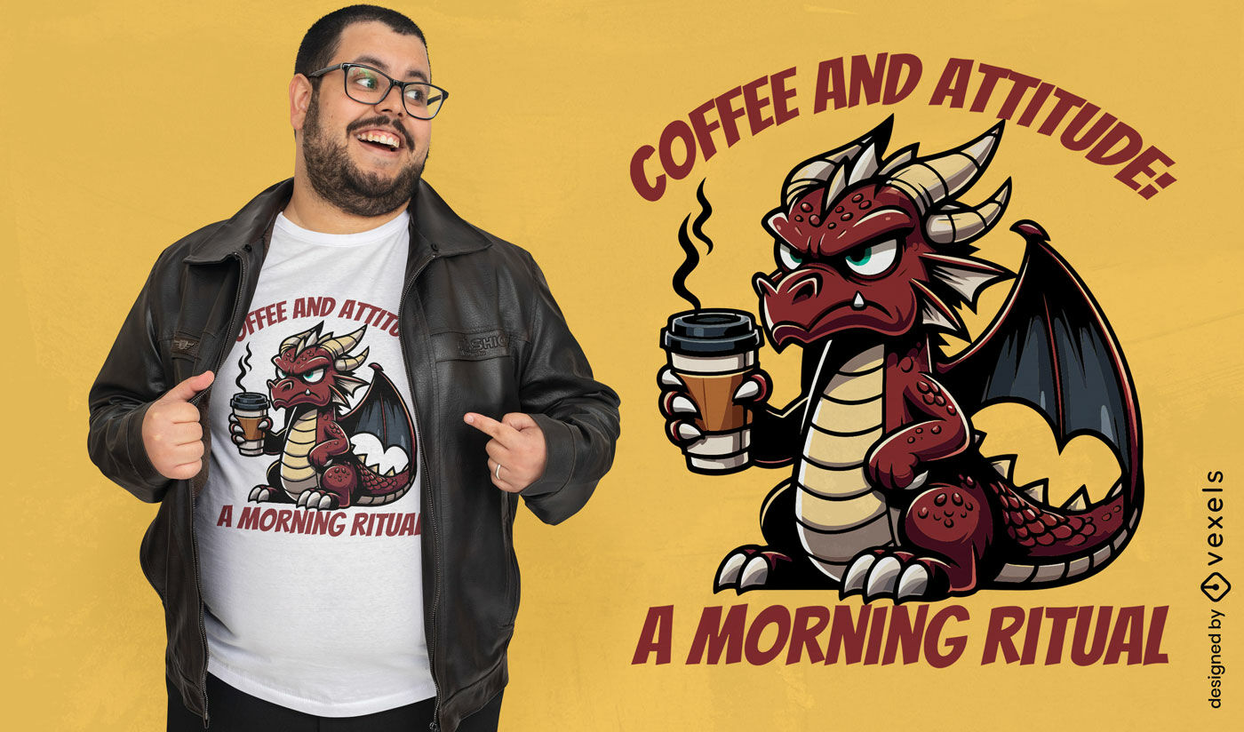 T-Shirt-Design mit Drachen, Kaffee und Einstellung