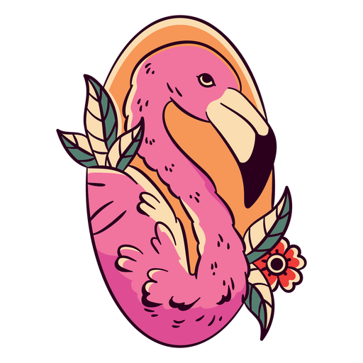 Pink flamingo design with green leaves and red flower PNG Design