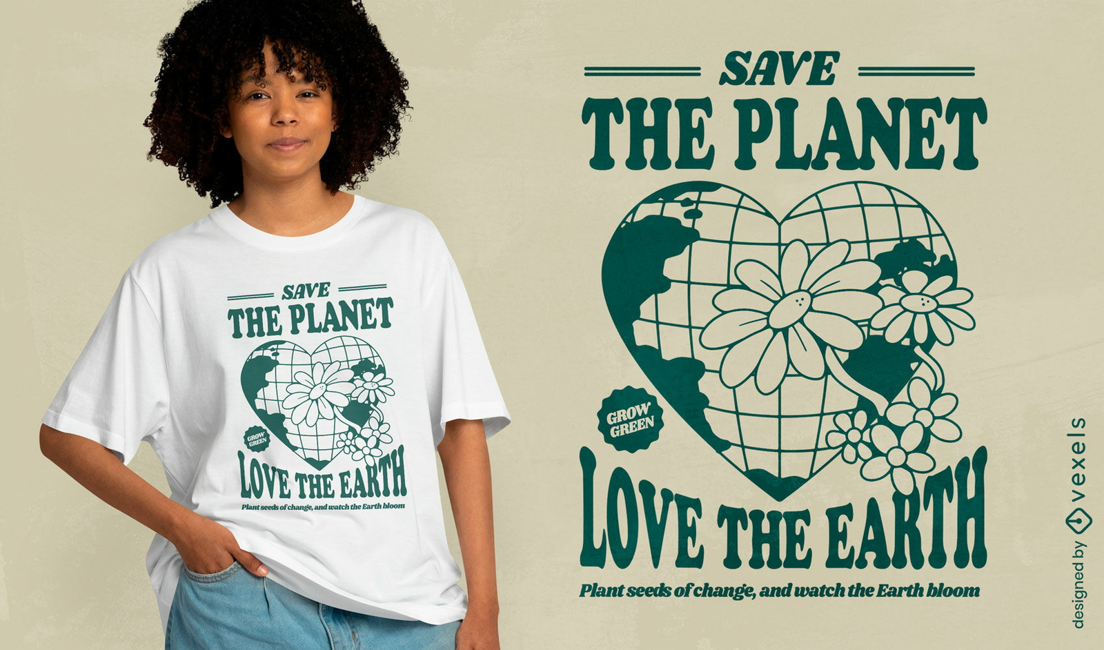 Diseño de camiseta con la frase "Salva el planeta, ama la tierra"