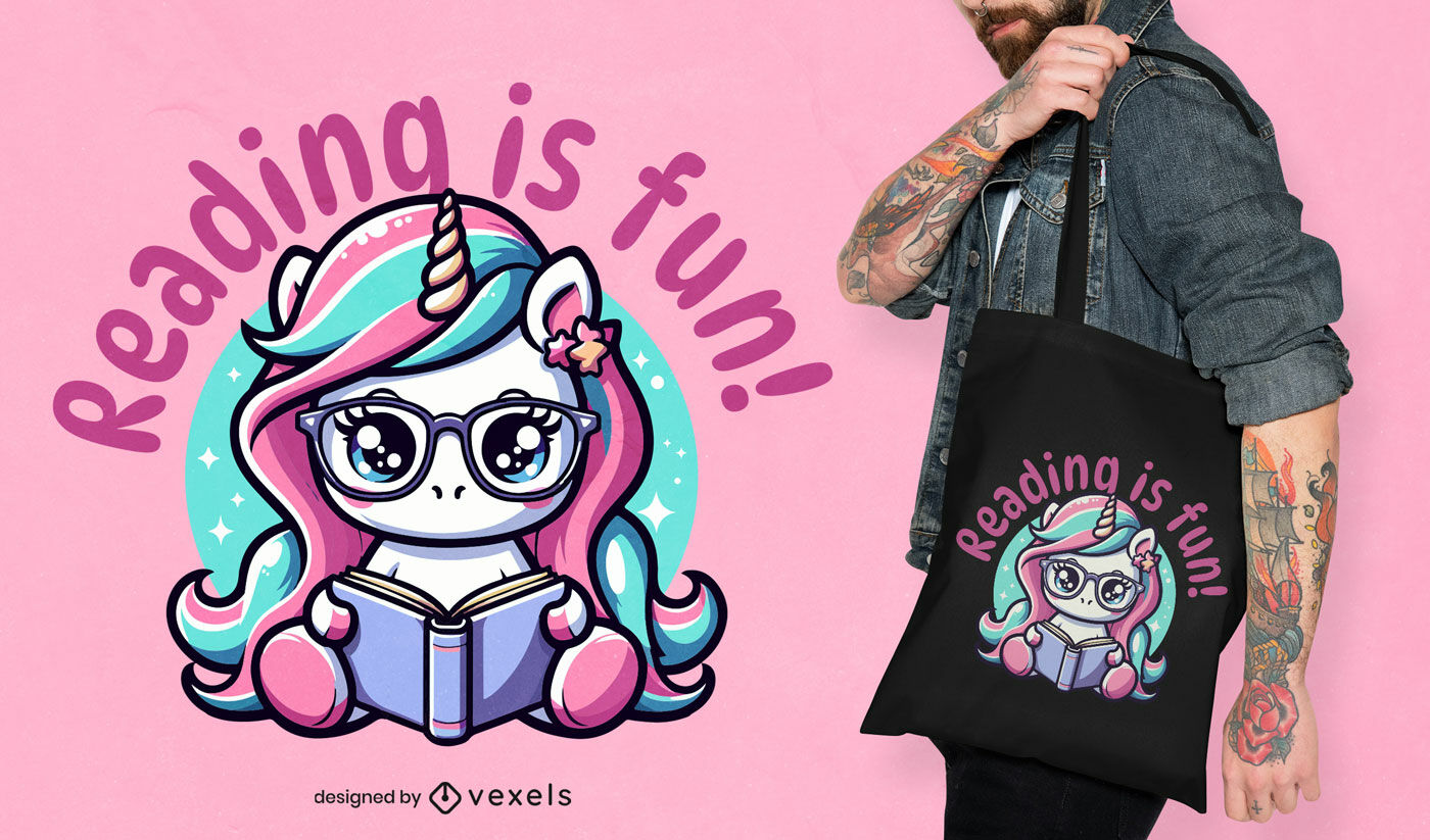 Reading is fun unicorn tote bag design