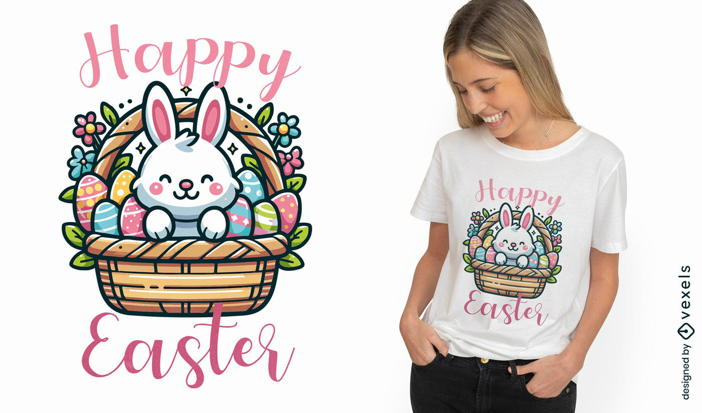 Diseño de camiseta con canasta de conejo de Pascua