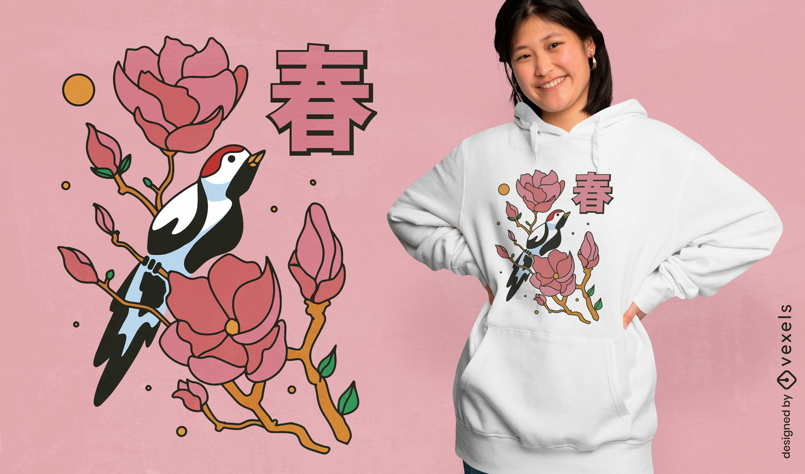 Design de camiseta com pássaro e flor japonesa