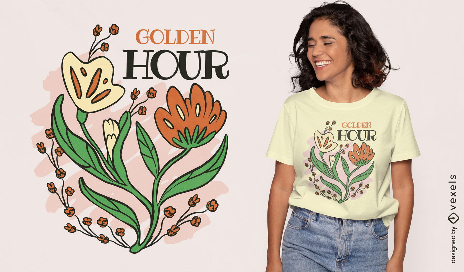 Diseño de camiseta floral de la hora dorada