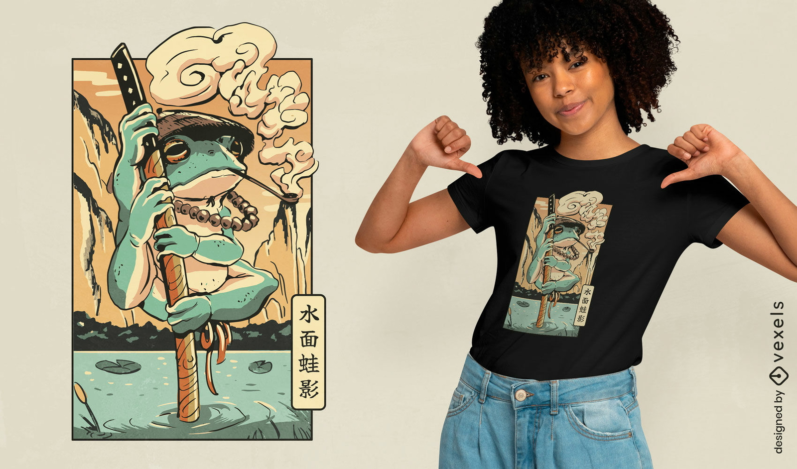 Diseño de camiseta japonesa con imagen de rana samurái