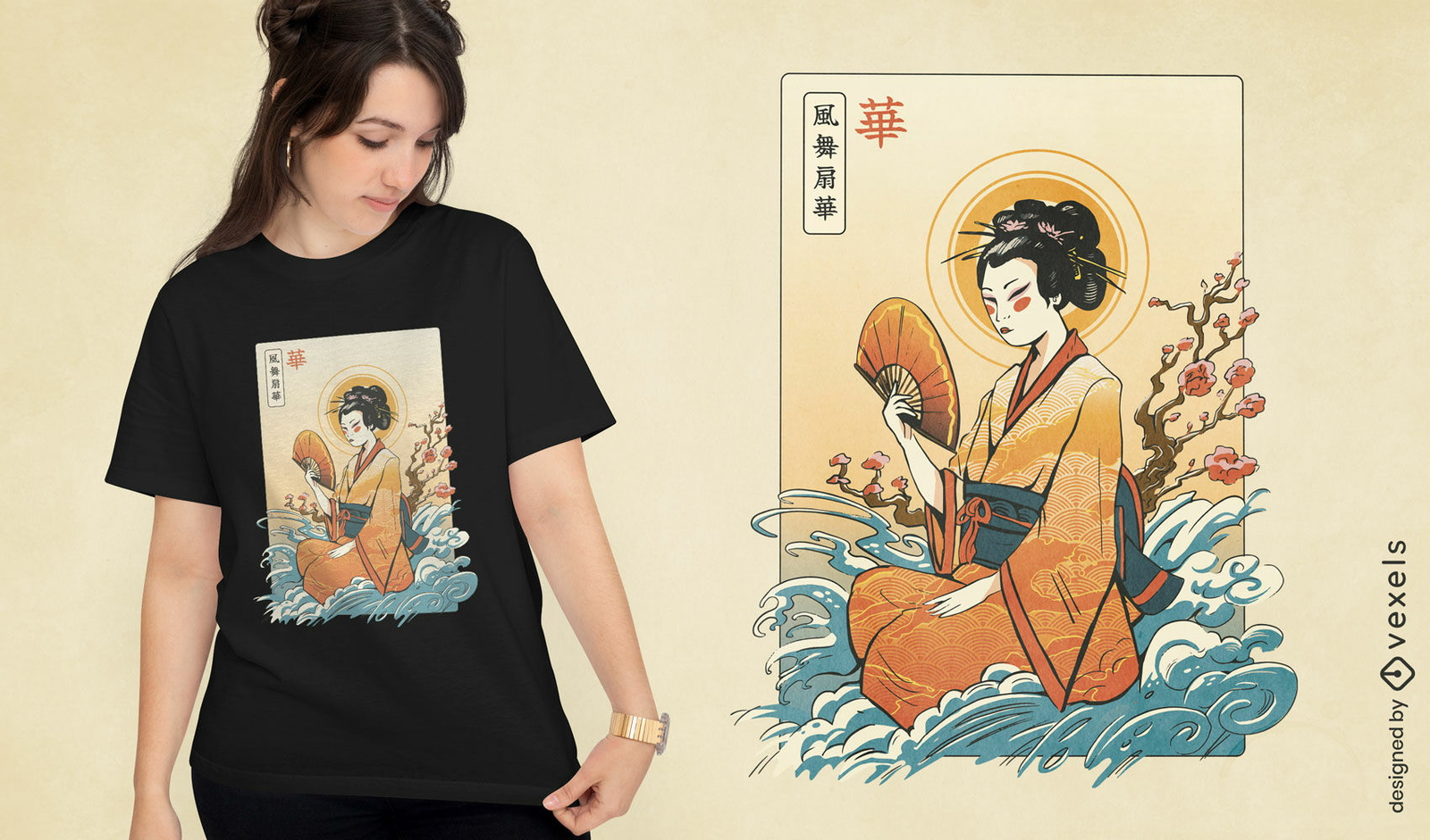 Design de camiseta japonesa com ondas de gueixa