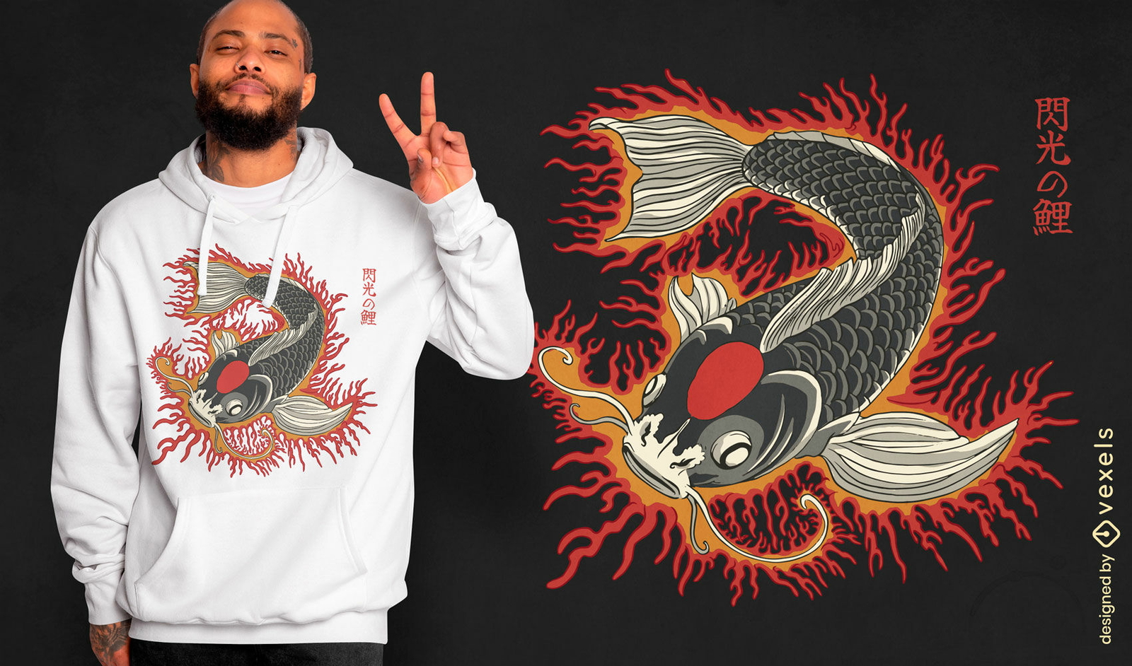 Design de camiseta com chamas de koi japonesas