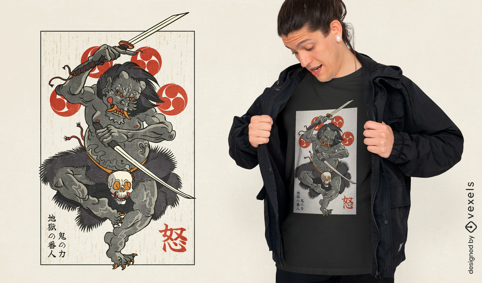 Design de camiseta de guerreiro oni japonês