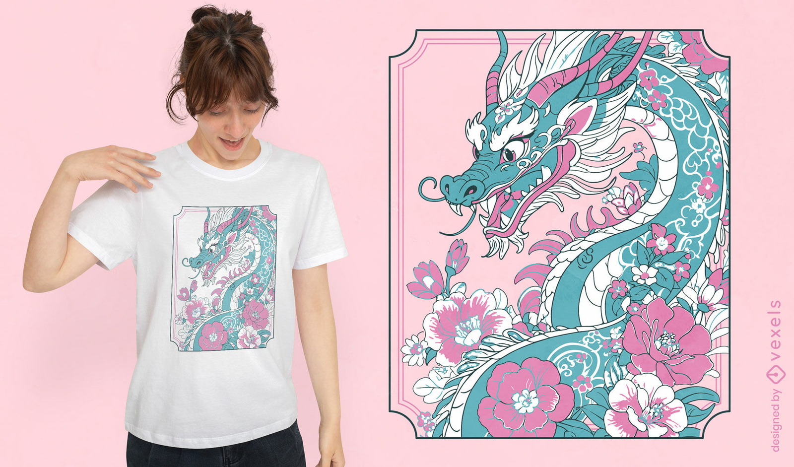 Diseño de camiseta con dragón floral