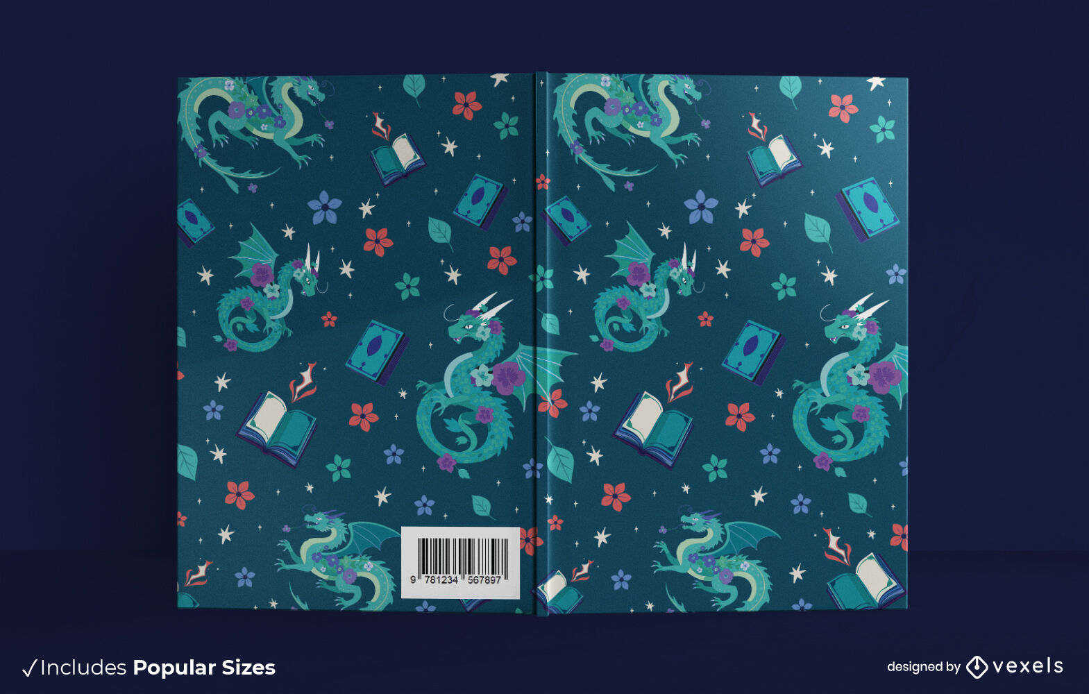 Magical dragons pattern book cover design	