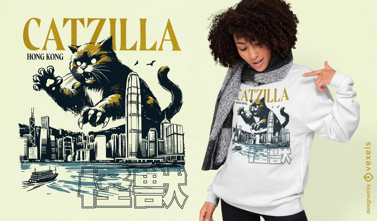 Design de camiseta do gato monstro Catzilla