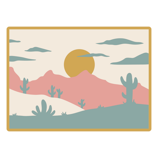 Pastel mountain sunset illustration with cacti elements PNG Design