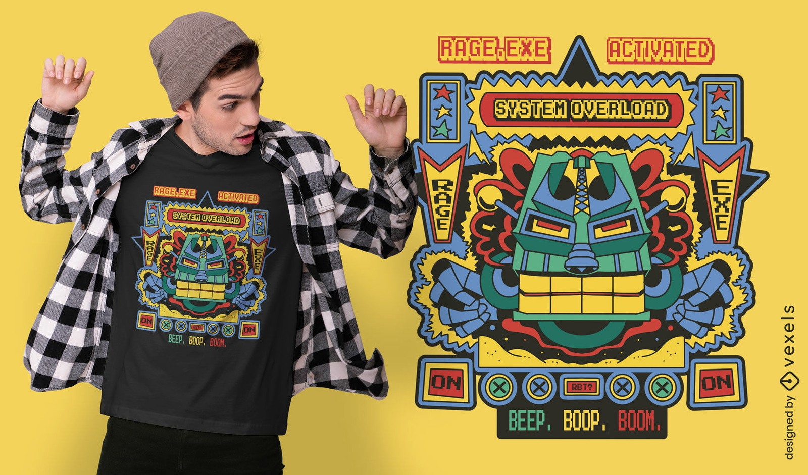 Diseño de camiseta retro de furia robótica