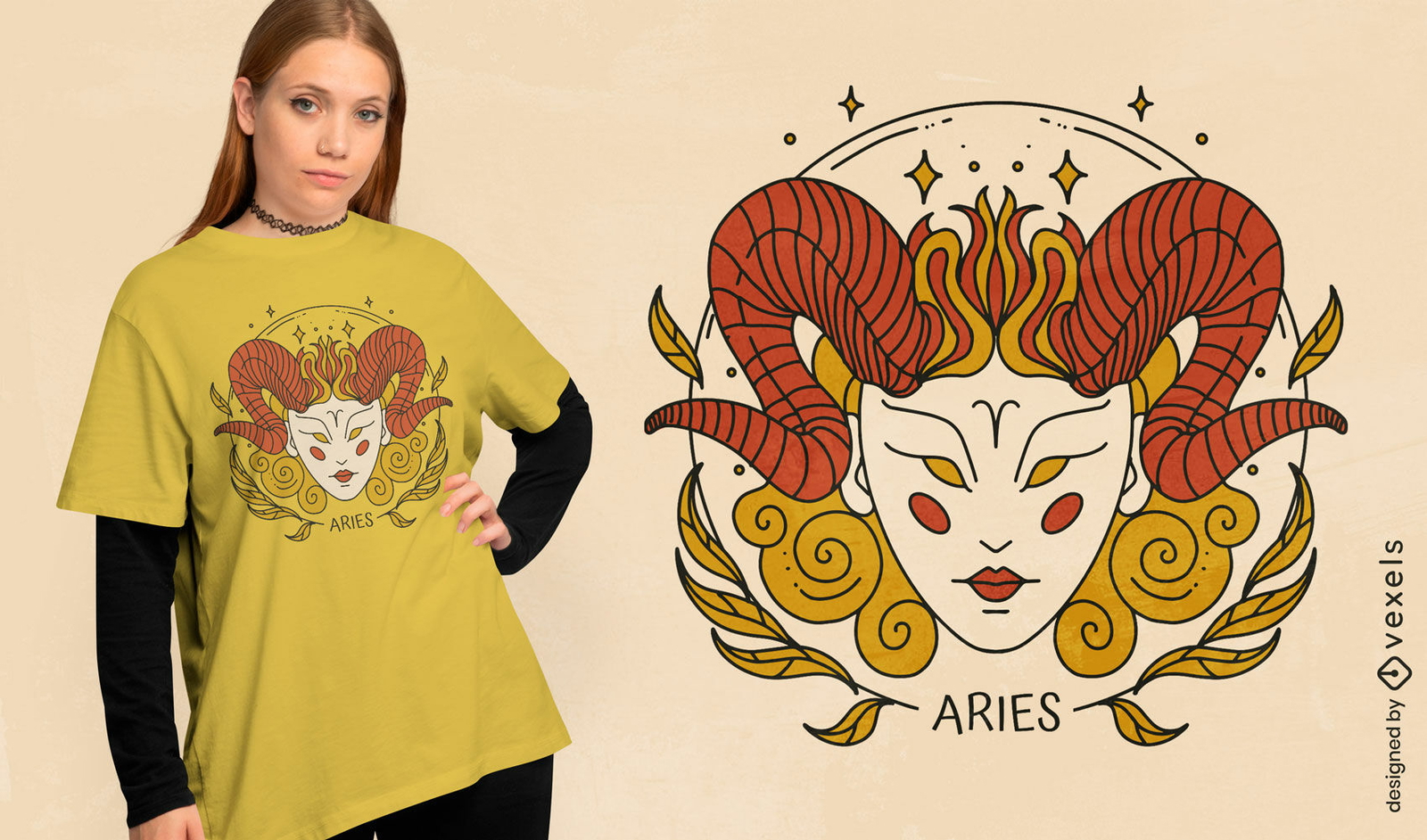 Design de camiseta com mulher loira com chifres de Áries