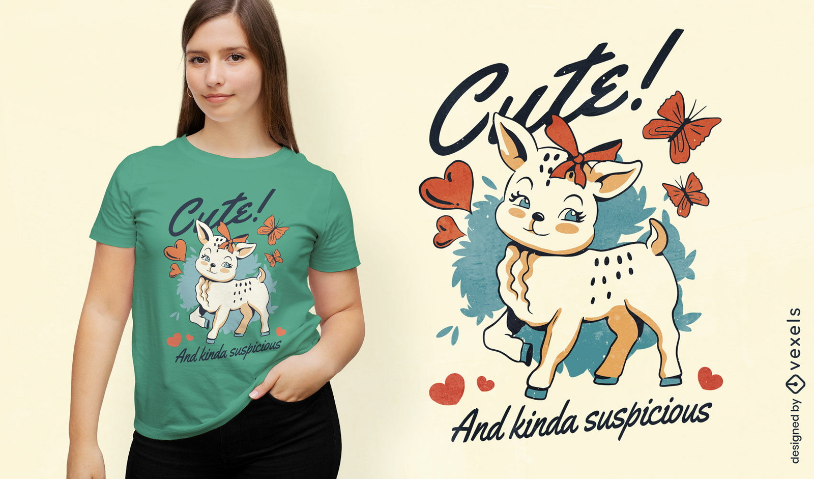 Design de camiseta com rena fofa e suspeita