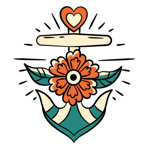 Diseño de tatuaje de ancla colorido con elementos de corazón y flores. Diseño PNG