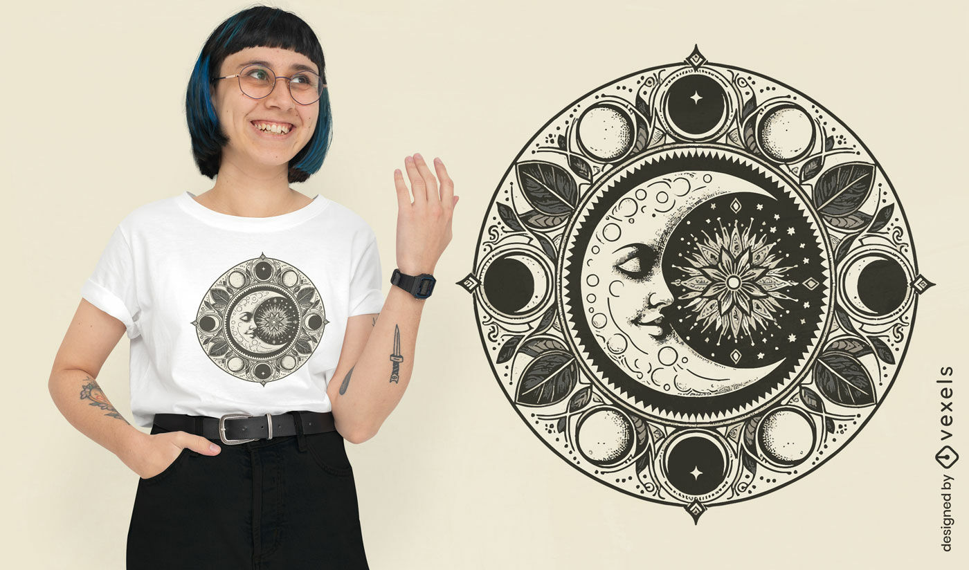 Diseño de camiseta celestial con mandala lunar