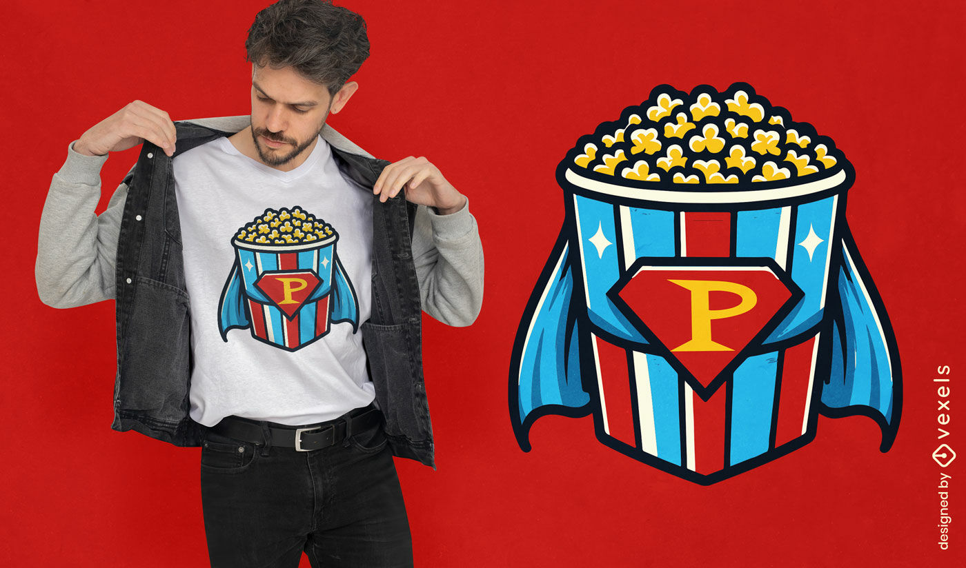 Design de camiseta com capa de super-herói de pipoca