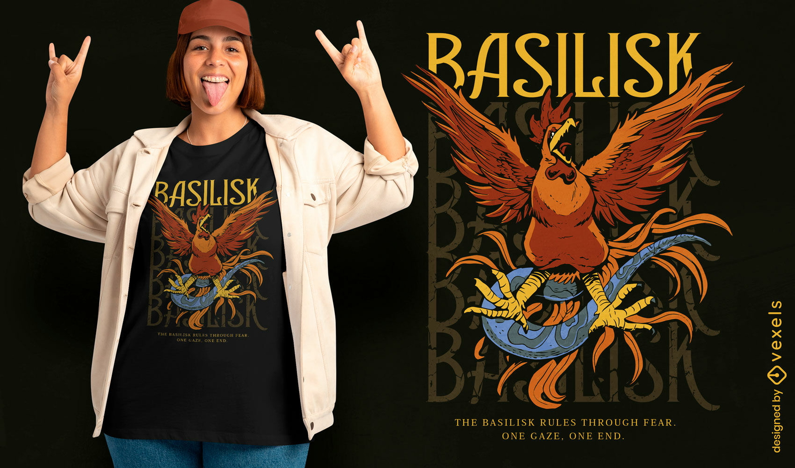 Design de camiseta com um basilisco mítico