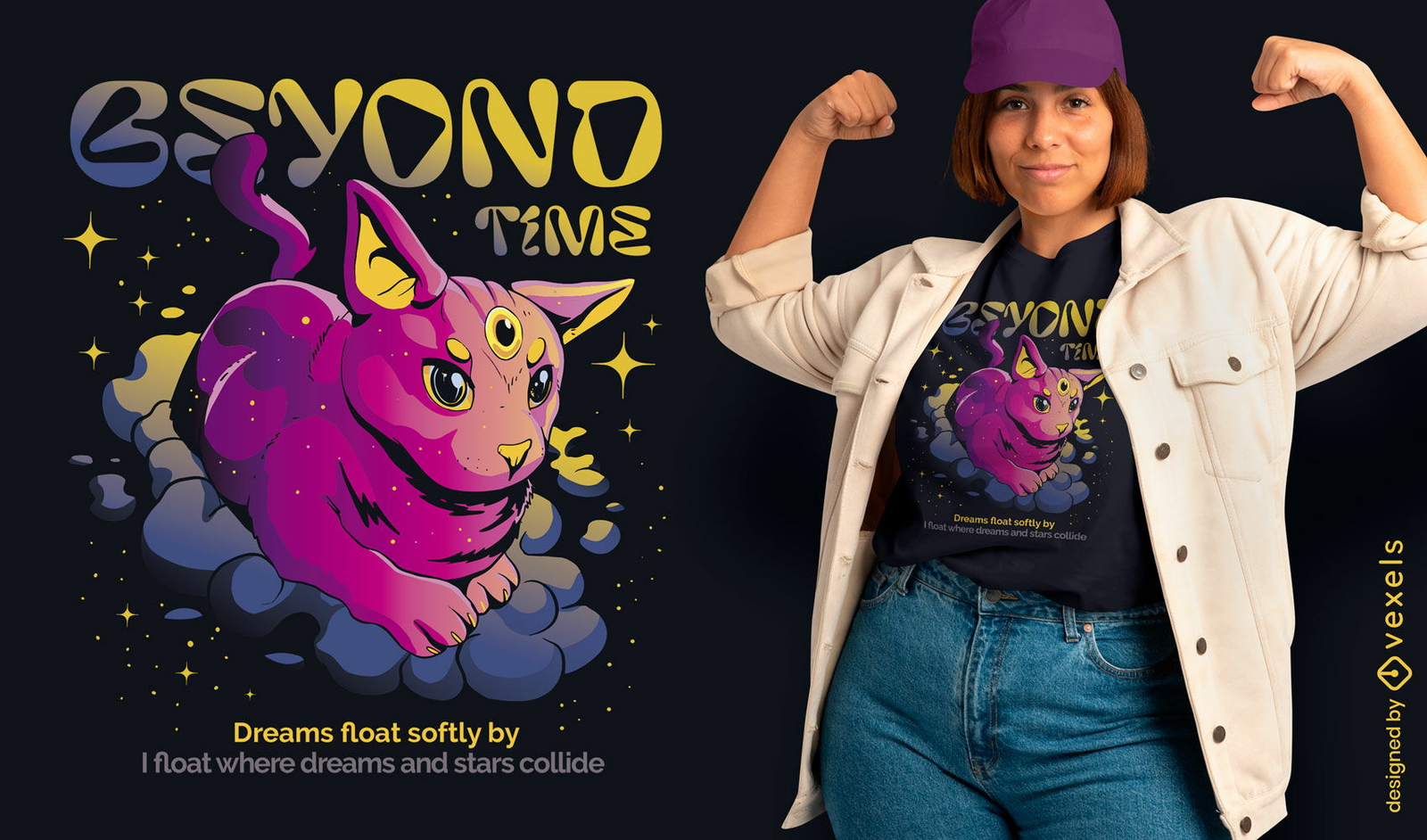 Design de camiseta com gato além do tempo