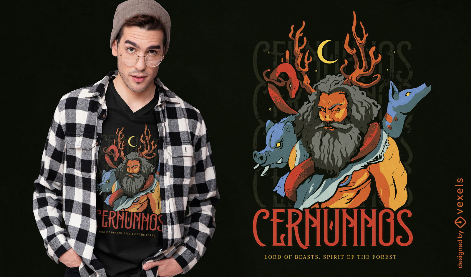 T-Shirt-Design mit mythologischem Tier von Cernunnos