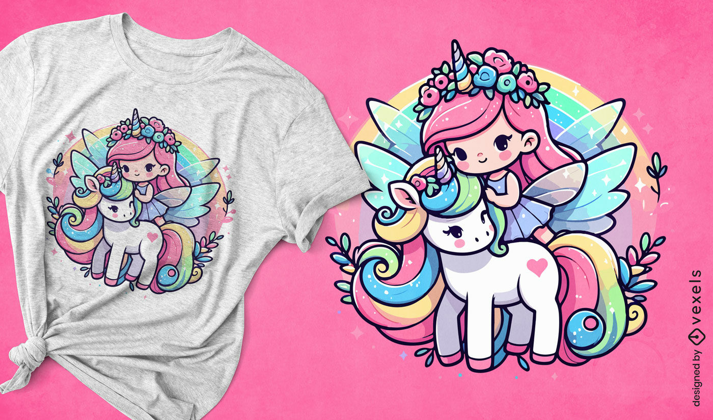 Design de camiseta kawaii com fada cavalgando unicórnio