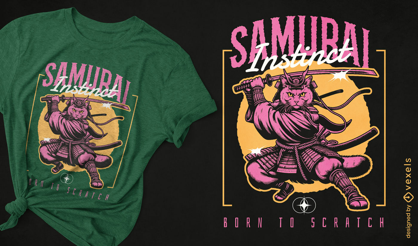 Diseño de camiseta de gato con instinto samurái