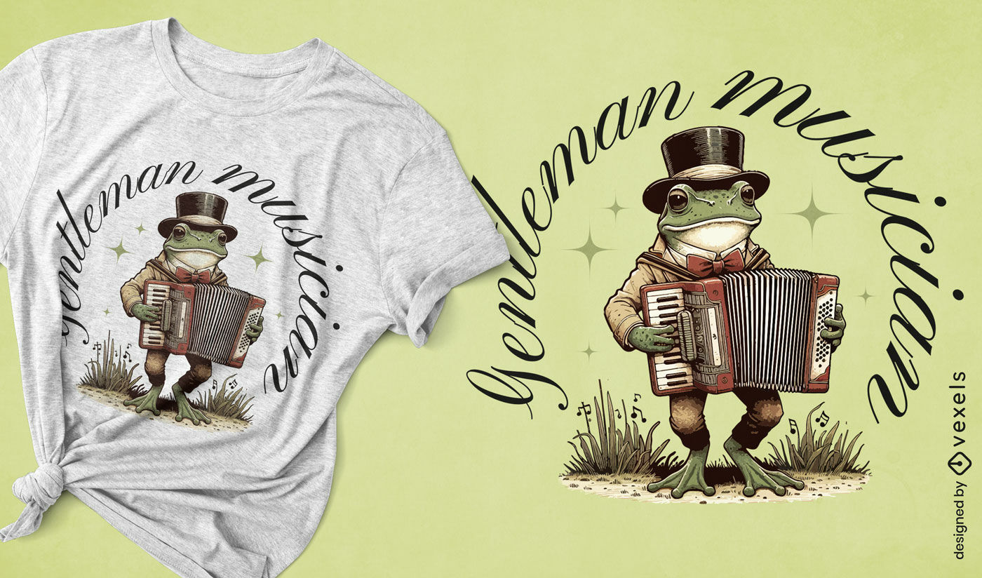 Diseño de camiseta de músico caballero rana caprichoso