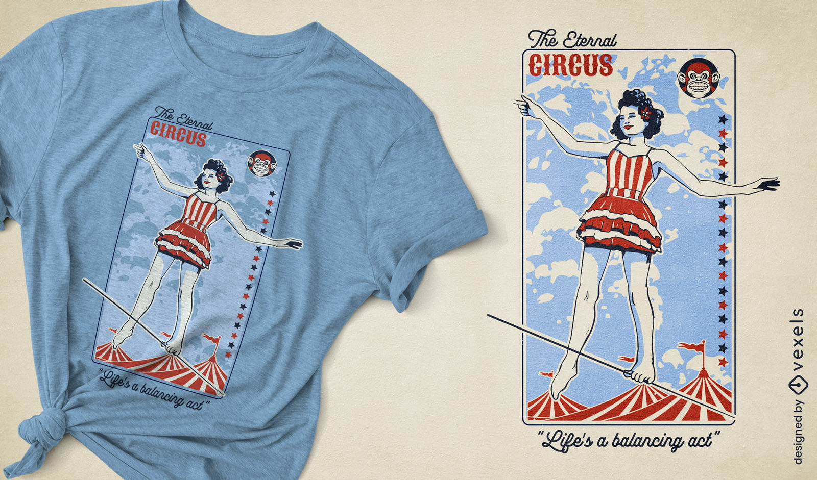 Design de camiseta vintage com figura de circo em equilíbrio