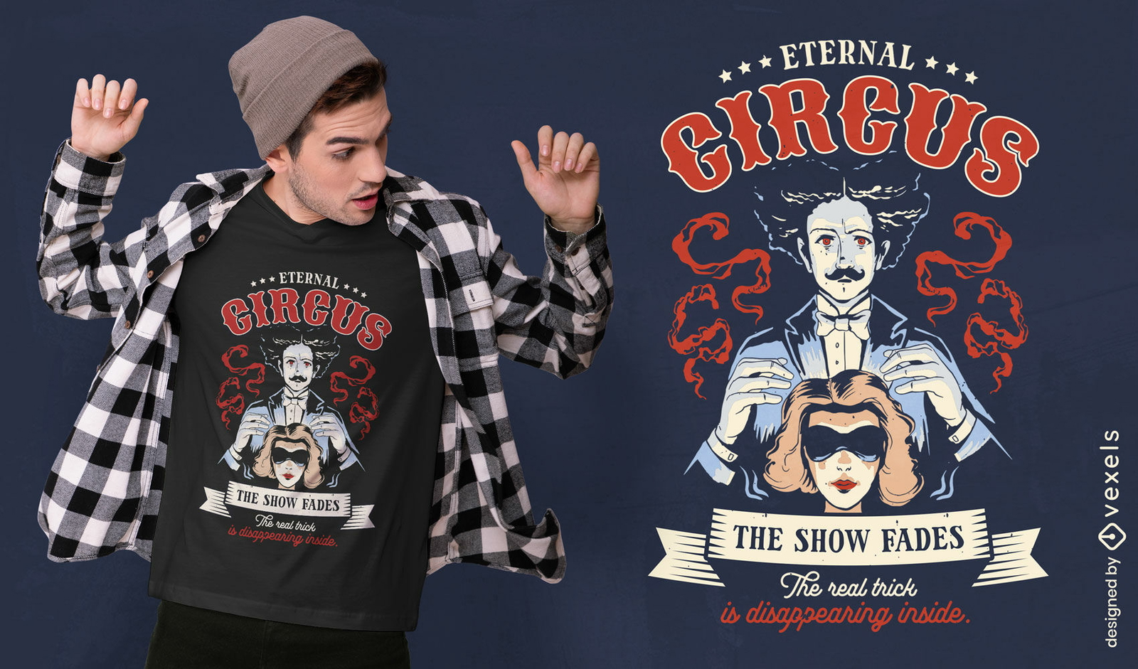 Design de camiseta com citação de circo mágico ilusionista
