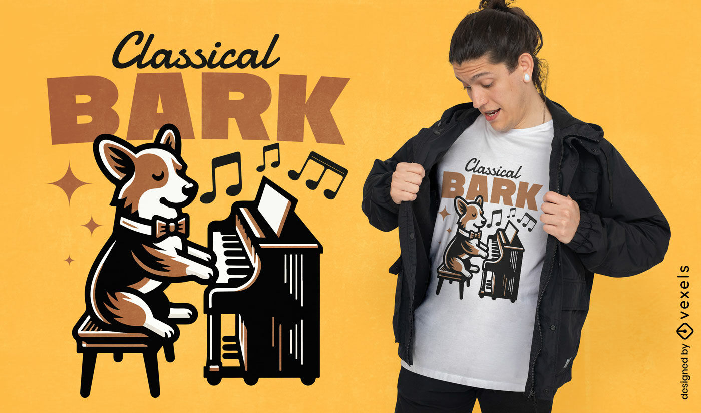 Diseño de camiseta de corgi con piano