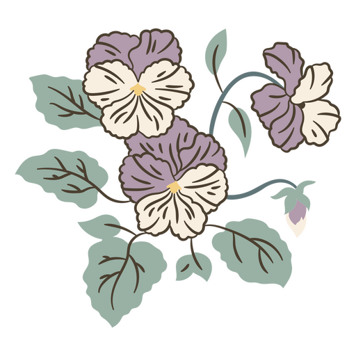 Encantadora ilustración floral con pensamientos y hojas. Diseño PNG