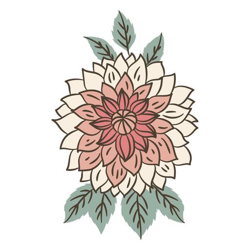 Elegante diseño de flor de dalia en capas con hojas para prendas de vestir. Diseño PNG