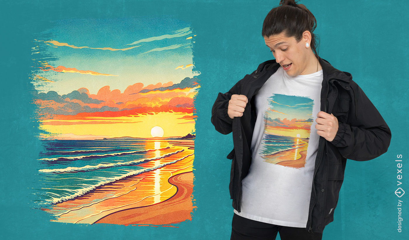 Diseño de camiseta con un atardecer sereno en la playa