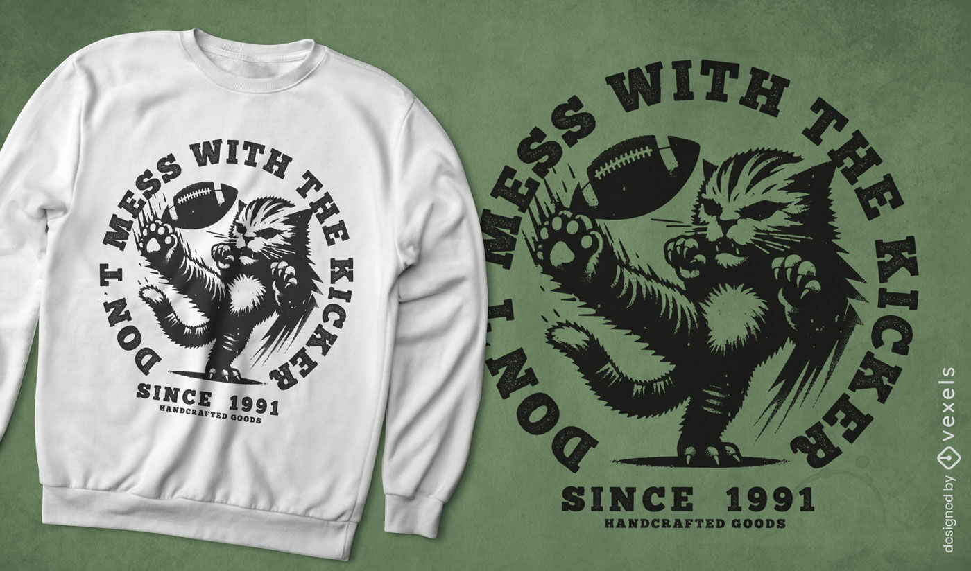 Design de camiseta com gato chutador de futebol