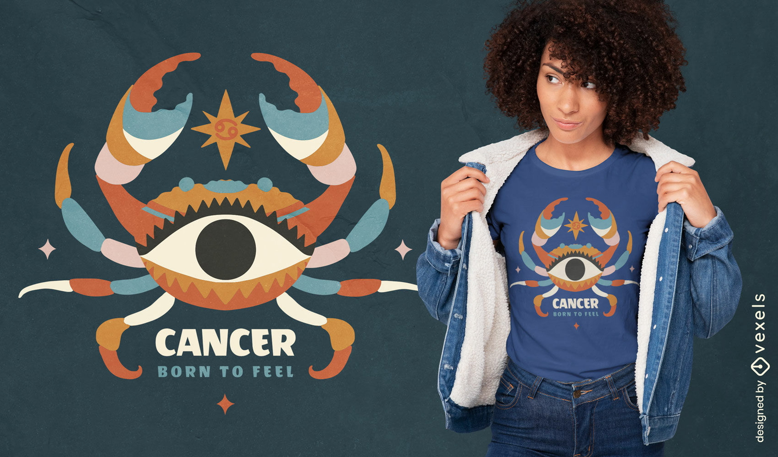 Design de camiseta com caranguejo clarividente e câncer 