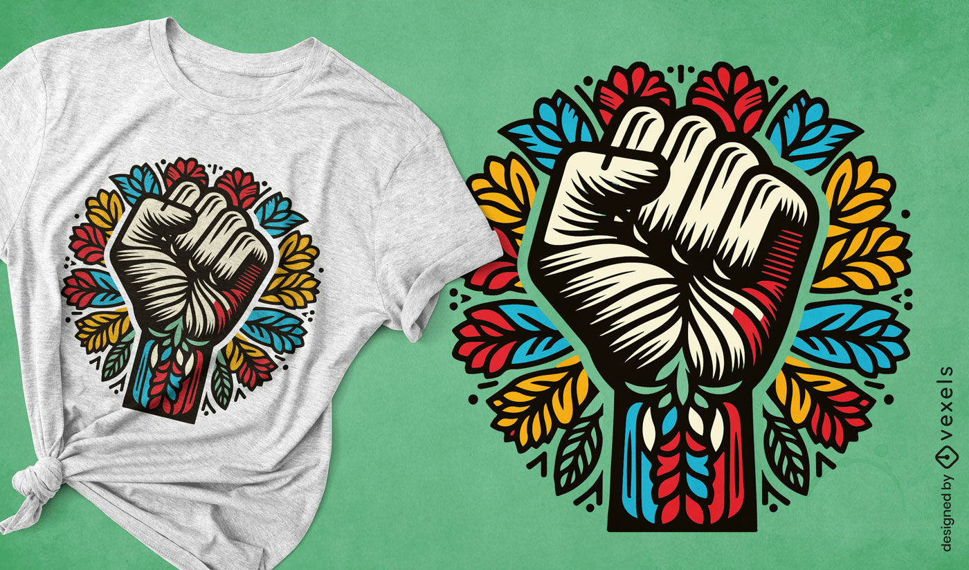 T-Shirt-Design mit erhobener Faust im Volkskunststil