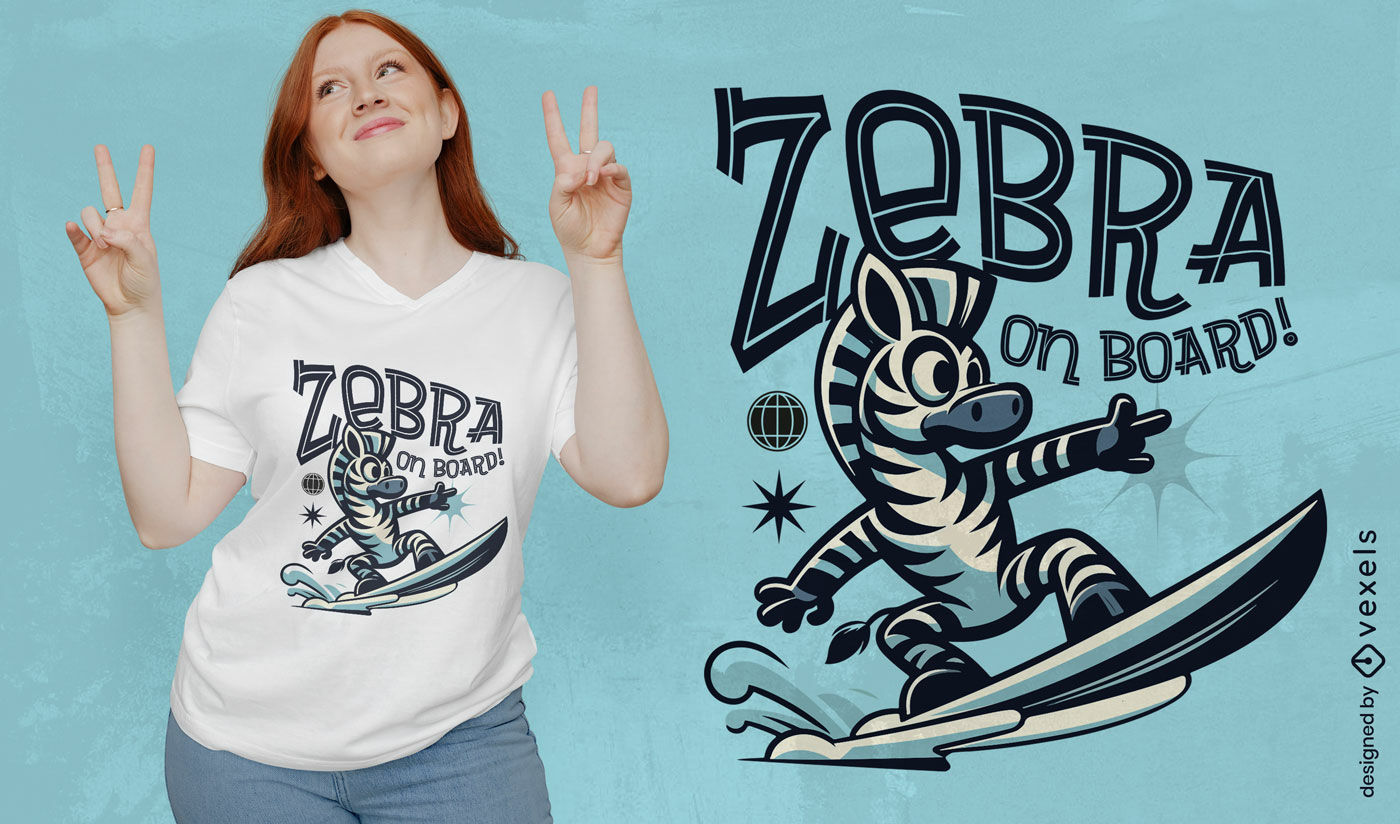 Design de camiseta com estampa de zebra surfando nas ondas do oceano