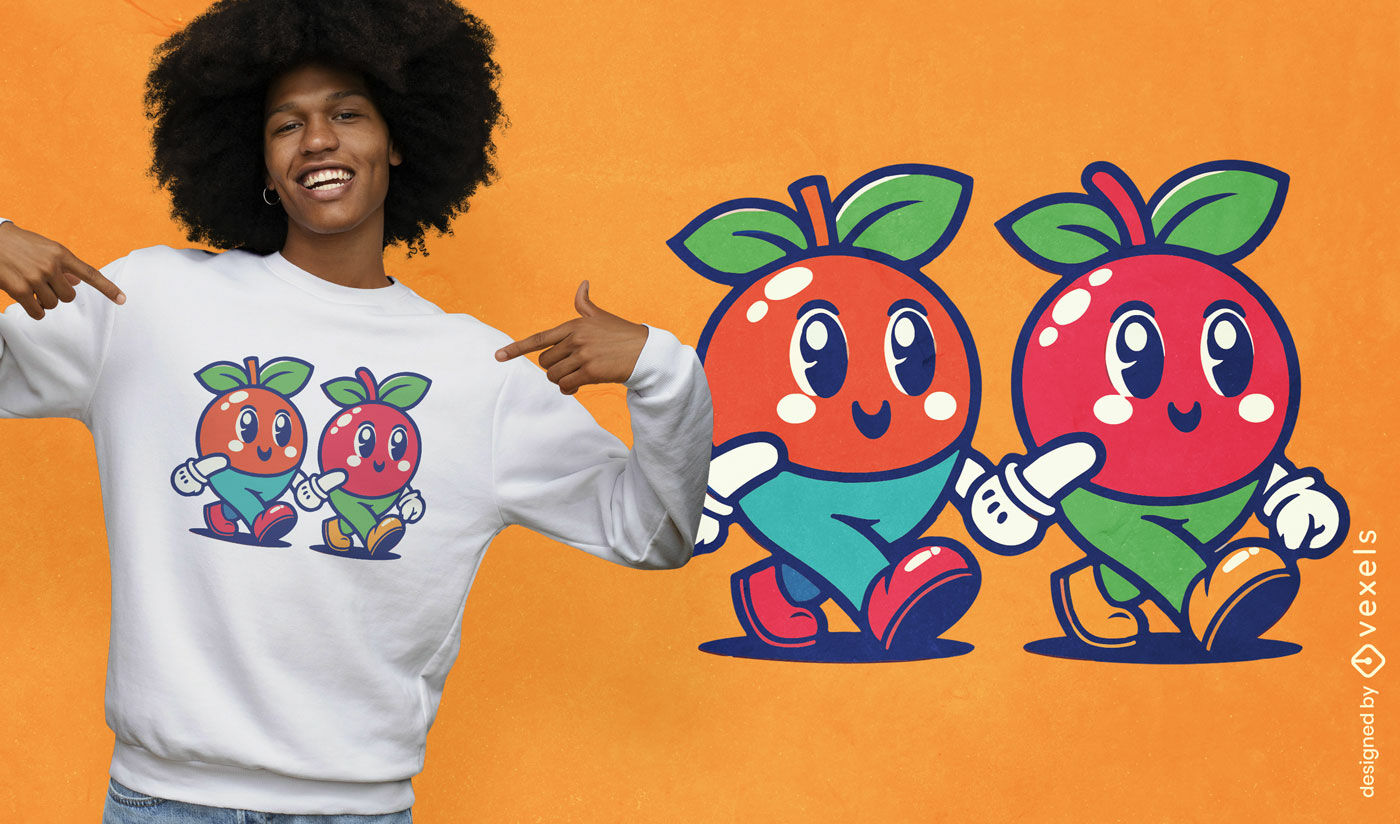 Design de camiseta com dupla de personagens de frutas