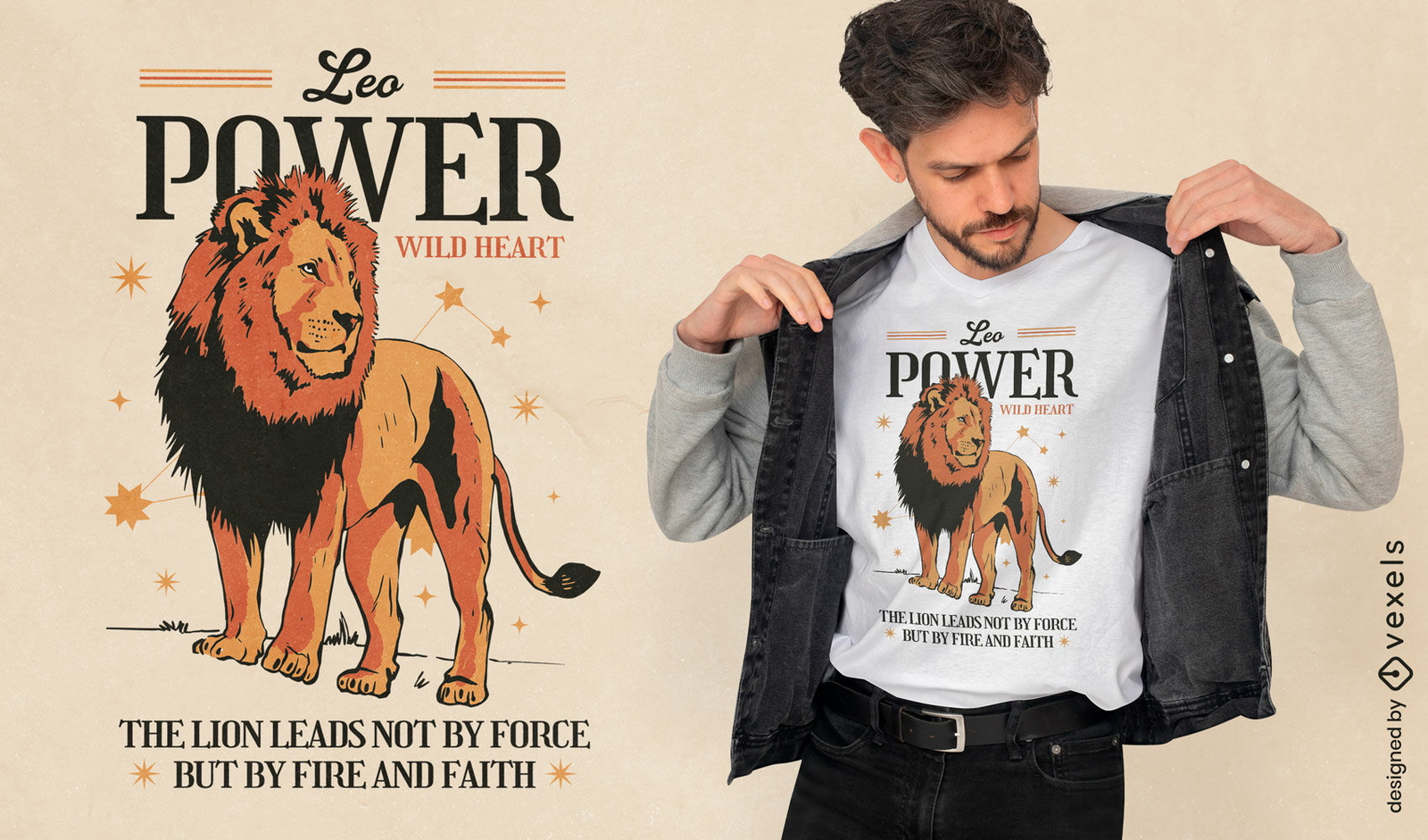 Design de camiseta com o signo de Leão e o poder do zodíaco